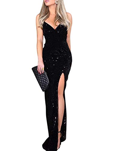 Women's Sexy Sparkly V Neck Bodycon Sequin Prom Ball Gown Evening Long Cocktail Maxi Valentines Dress with High Slit Black M