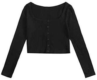 Women's Scoop Neck Long Sleeve Button Rib Knit Crop Tops T Shirts