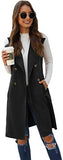 Women's Double Breasted Long Vest Jacket Casual Sleeveless Pocket Outerwear Longline