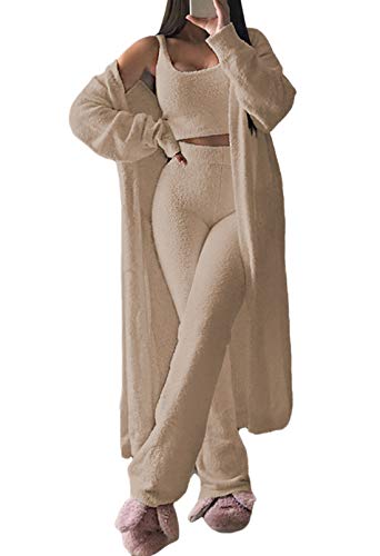 Womens Fuzzy Fleece 3 Piece Pajama Set Tank Crop Tops Pants Open Front Cardigan Lounge Outfit Light Blue S