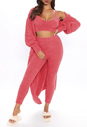 Womens Fuzzy Fleece 3 Piece Pajama Set Tank Crop Tops Pants Open Front –  Divahotcouture