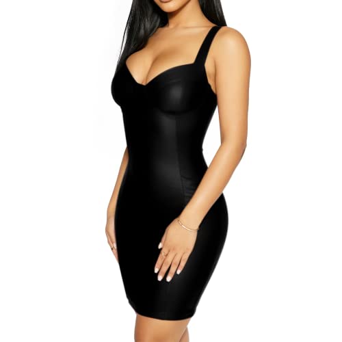 Bodycon Dresses for Women Sexy, Spaghetti Straps Leather Party Mini Dresses Clubwear Sleeveless Outfits Black