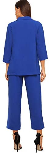 Women's 2 Piece Outfit Notched Neck 3/4 Sleeve Blazer and Wide Leg Belted Pants Set