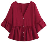 Women's Plus Size 3/4 Sleeve Button V Neck Ruffle Peplum Tops Blouse Shirt