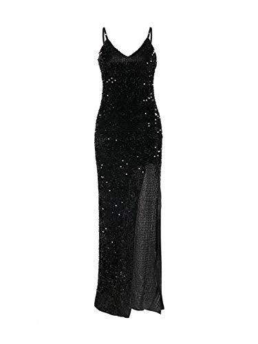Women's Sexy Sparkly V Neck Bodycon Sequin Prom Ball Gown Evening Long Cocktail Maxi Valentines Dress with High Slit Black M