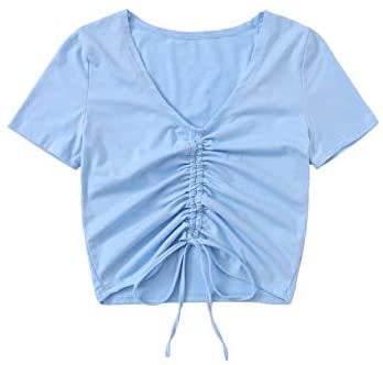 Women's V Neck Short Sleeve Drawstring Front Solid Crop Tops