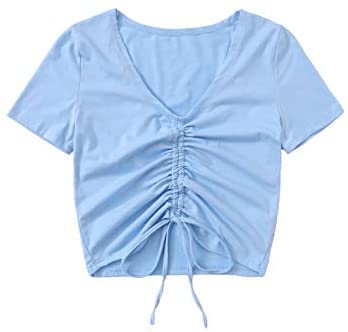 Women's V Neck Short Sleeve Drawstring Front Solid Crop Tops