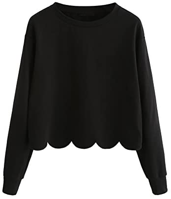 Women's Casual Long Sleeve Scalloped Hem Crop Tops Sweatshirt