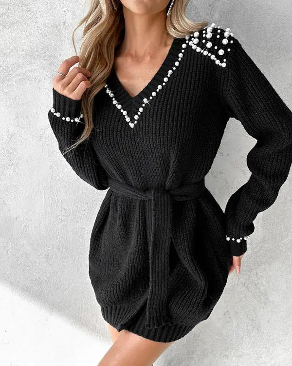 Beaded Tied Deatil Knit Sweater Dress  Divahotcouture