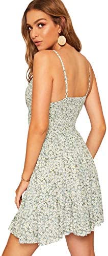 Women's High Waist Fit and Flare Vneck Floral Spaghetti Strap Cami Dress