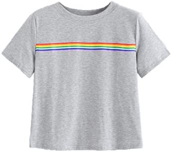 Women's Summer Rainbow Color Block Striped Crop Top School Girl Teen Tshirts