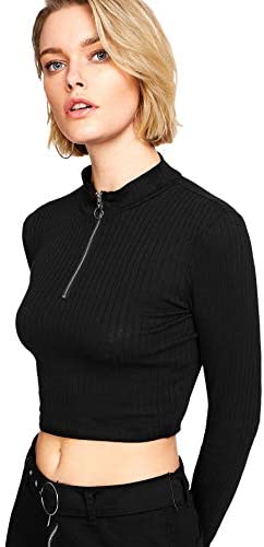 Women's Basic Long Sleeve Solid Rib Knit Crop Tops Zipper Slim Fit T Shirt