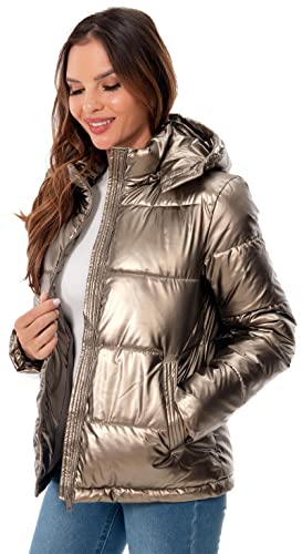 Women's Winter Hooded Shiny Puffer Jacket Casual Warm Quilted Full Zip Short Bubble Padded Coat (as1, alpha, s, regular, regular, Dark Gold, Small)