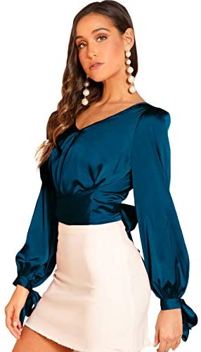 Women's Elegant V Neck Self Tie Knot Long Sleeve Satin Blouse Shirt Top