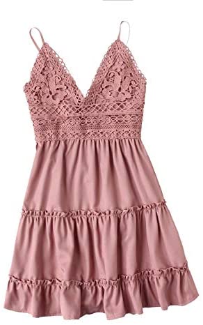Women's V Neck Spaghetti Strap Lace Back Tie Embroidery Tiered Seam Dress