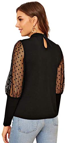 Women's Mesh Sheer Polka Dot Sleeve Blouse Long See Through Top