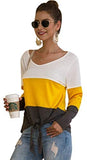 Women's Casual Color Block Tie Knot Front Long Sleeve Blouse T Shirt Tee