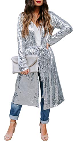 Womens Spring Autumn Sequins Open Front Covers Up Overcoat Long Sleeve See Through Slim Belted Cardigan Coat Windbreaker Jacket Party Club Dress Silver(Order one or Two Size Up )