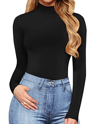 Women's Mock Turtle Neck Long Sleeve Tops Bodysuit Jumpsuit (A Long Sleeve Black