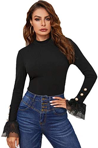 Women's Elegant Lace Mesh Flounce Sleeve Button Detail Ribbed Slim Fit Blouse Tee Tops