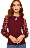 Women's Petite Slim Fit Mesh Long Sleeve 3D Embroidered Floral Blouse Shirt Top