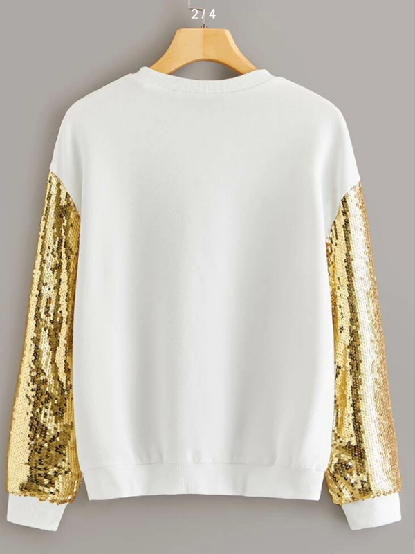 Contrast Sequin Sleeve Geo Print Pullover