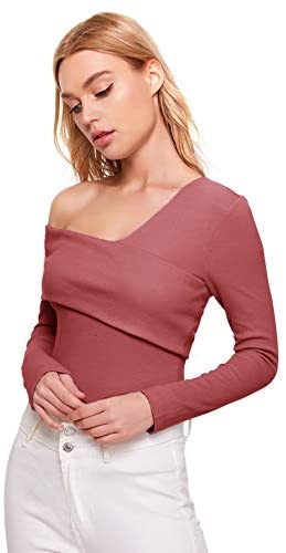 Women's Casual Cross Off Shoulder Deep V Neck Ribbed Knit Slim Wrap Tee Shirt Blouse