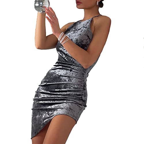 Sexy Velvet Wrap Mini Bodycon Dress for Women Sleeveless Club Party Dresses Irregular Pleated