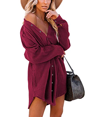 Long Sleeve Button Down Tunic Dresses with Pockets