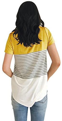 Short Sleeve Round Neck Triple Color Block Stripe T-Shirt Casual Blouse Yellow