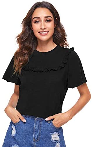 Women's Short Sleeve Cut Out Embroidery Ruffle Cotton Summer Blouse Top