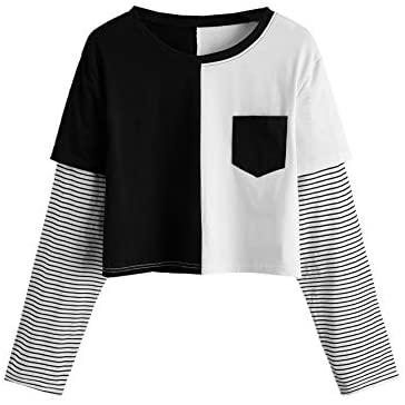 Women's 2 in 1 Casual Contrast Striped Long Sleeve Graphic Print Crop Tops T-Shirt Tee
