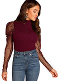 Women's Mesh Puff Sleeve High Neck Slim Fit Party Blouse Top