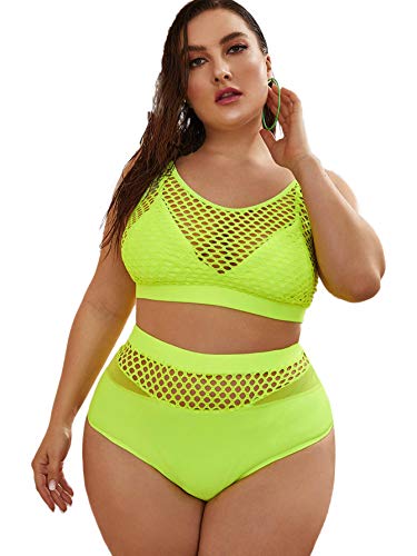 Women's Plus Size Splice Fishnet Cami Top and High Waist Bikini Set A Neon Green 2XL