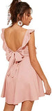 Women's Cute Tie Back Ruffle Strap A Line Fit and Flare Flowy Short Dress