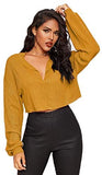 Women's Casual Rib Knit Long Sleeve V Neck Raw Hem Crop Tops Shirts