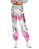 Womens Shiny Hight Waisted Metallic Jogger Pants, Color Block Sweatpants Stretchy Loose Workout Trousers Holographic Hip Hop Pant Club Wear (Gray, S)