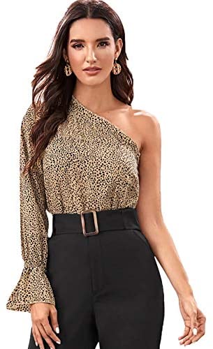 Women's Polka Dot Leopard One Shoulder Ruffle Trim Blouse Long Sleeve Top