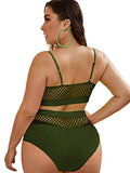Women's Plus Size Splice Fishnet Cami Top and High Waist Bikini Set A Neon Green 2XL