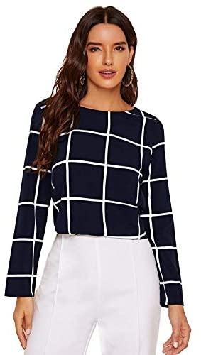 Women's Round Neck Long Sleeve Button Curved Hem Grid Top Blouses