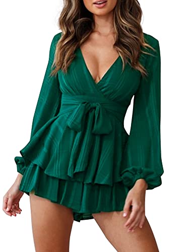 Women's Jumpsuit Floral Print V Neck Baggy Sleeve Waist Tie Double Layer Ruffle Hem Short Mini Dress Romper