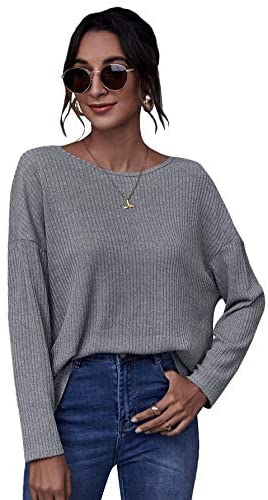 Women's Casual Ribbed Knit Tops Long Sleeve Tie Knot Back Loose T Shirts Tee