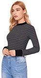 Women's Casual Mock Neck Striped Tee Tops Long Sleeve Slim Fit T-Shirts