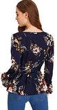 Women's V-Neck Floral Long Sleeve Belted Peplum Wrap Blouse Ruffle Top Shirts
