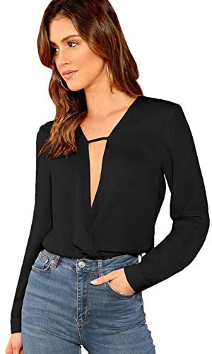 Women's Sexy Deep V Neck Long Sleeve Drape Wrap Tops Chiffon Blouse