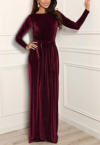 Women Elegant Velvet Dress Evening Party Long Maxi Dress Burgundy Small