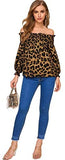 Women's Off Shoulder Long Sleeve Leopard Shirred Frill Top Blouses