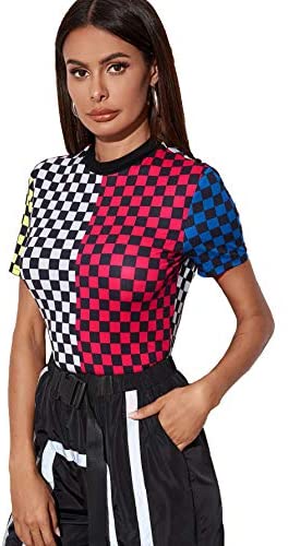 Women's Casual Colorblock Short Sleeve Plaid Mock Neck Tee Tops Shirts Multicolor