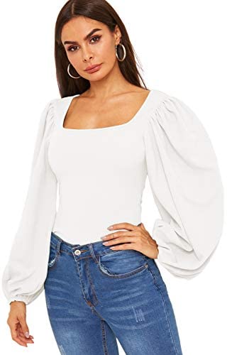 Women's Long Puff Sleeve Square Neck Slim Fit Crop Tops Blouse