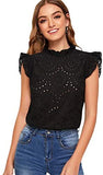 Women's Sleeveless Ruffle Stand Collar Embroidery Button Slim Cotton Blouse Top